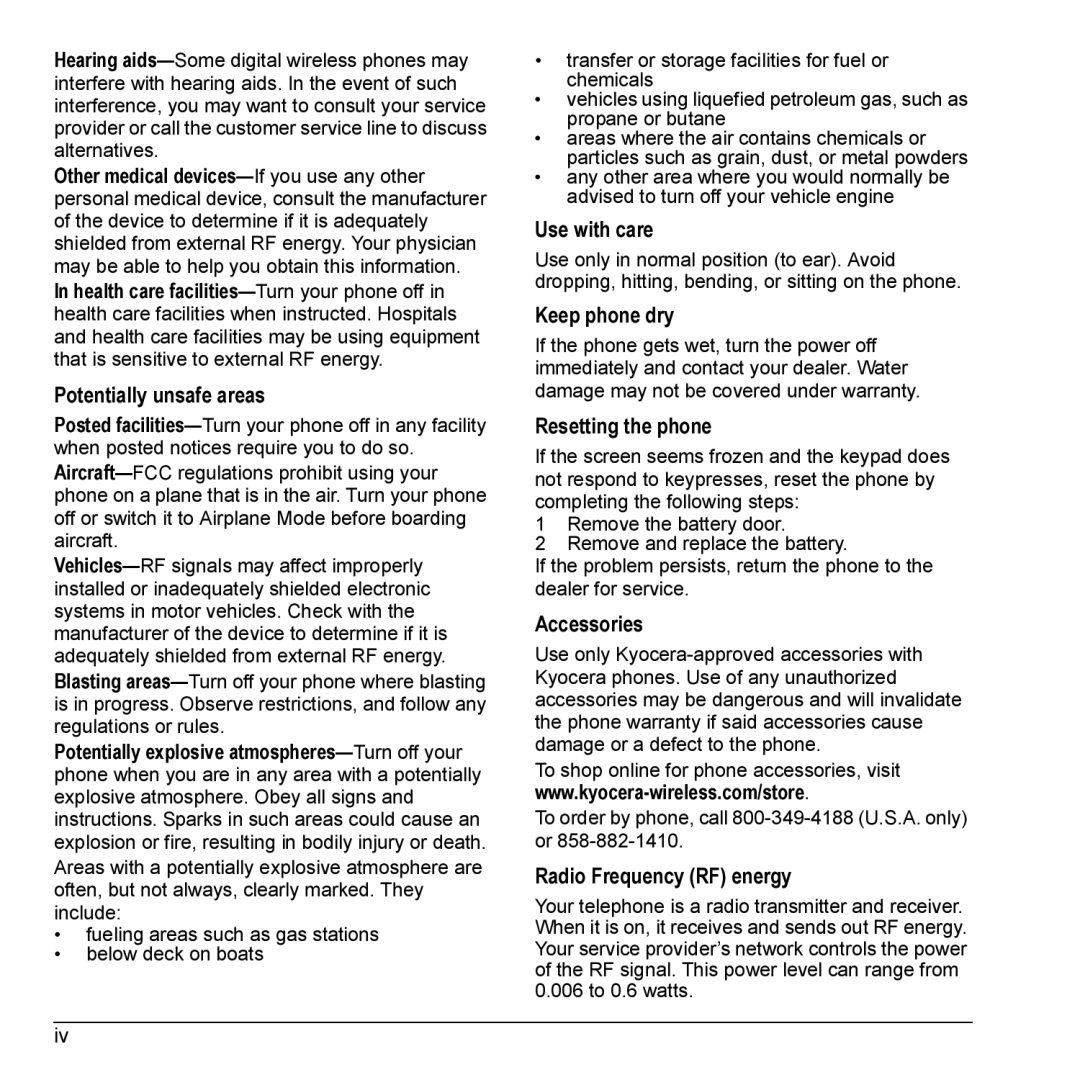 Kyocera KX17 manual Potentially unsafe areas, Use with care, Keep phone dry, Resetting the phone, Accessories 