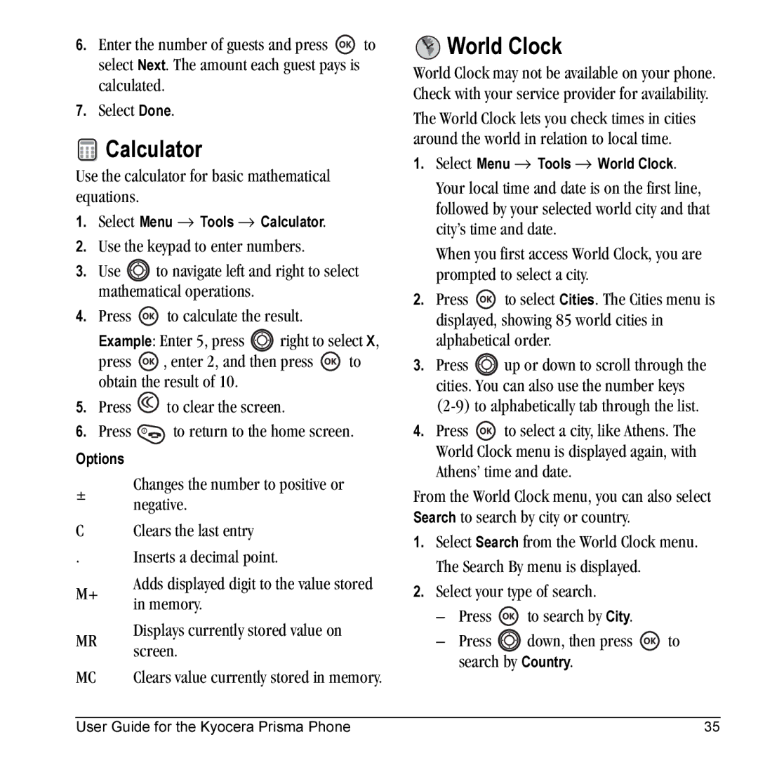 Kyocera KX17 manual Calculator, World Clock 