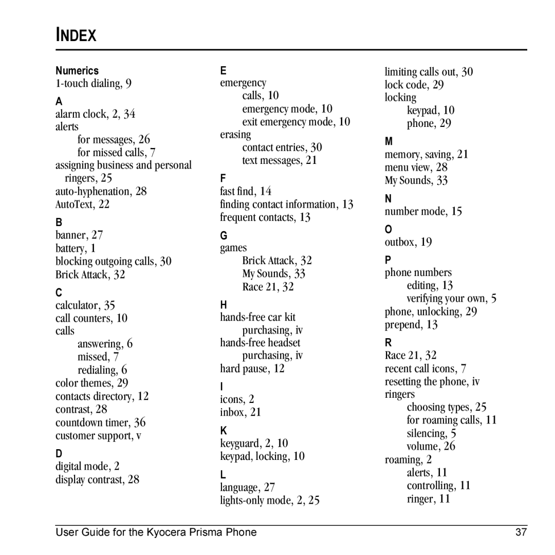 Kyocera KX17 manual Index 