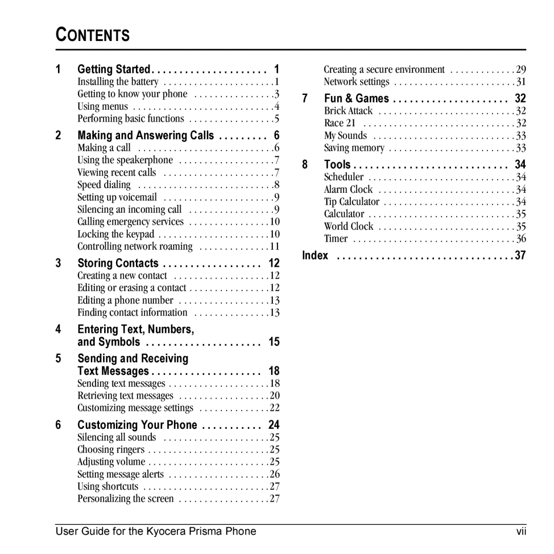 Kyocera KX17 manual Contents 