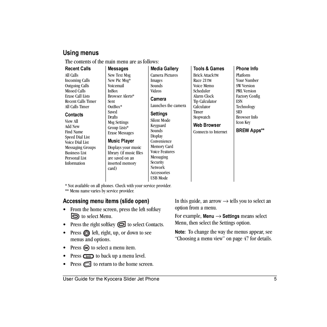 Kyocera KX18 manual Using menus, Accessing menu items slide open, Contents of the main menu are as follows, To select Menu 