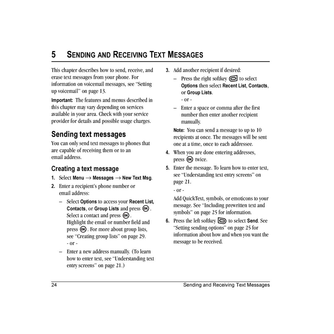 Kyocera KX18 manual Sending text messages, Sending and Receiving Text Messages, Creating a text message, Email address 