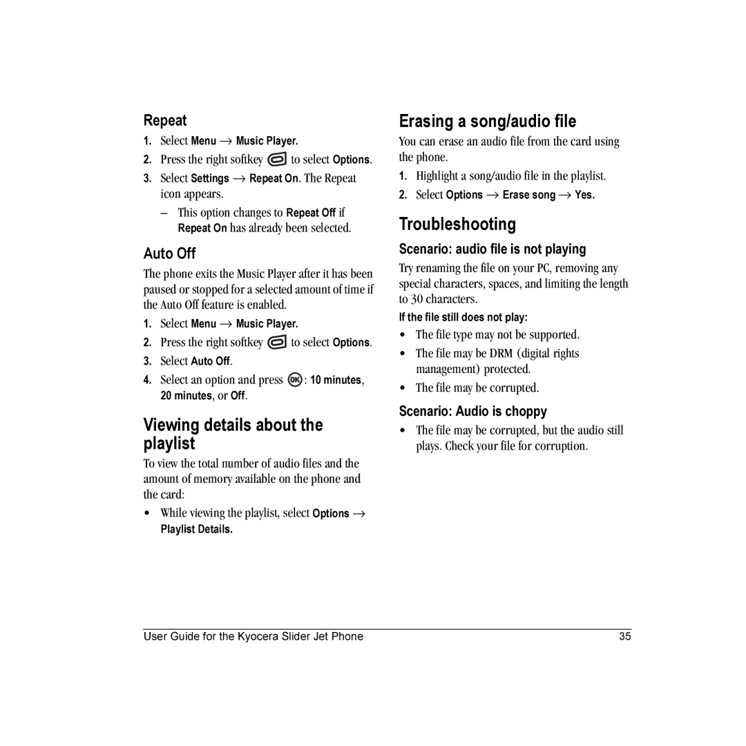 Kyocera KX18 manual Viewing details about the playlist, Erasing a song/audio file, Troubleshooting, Repeat, Auto Off 