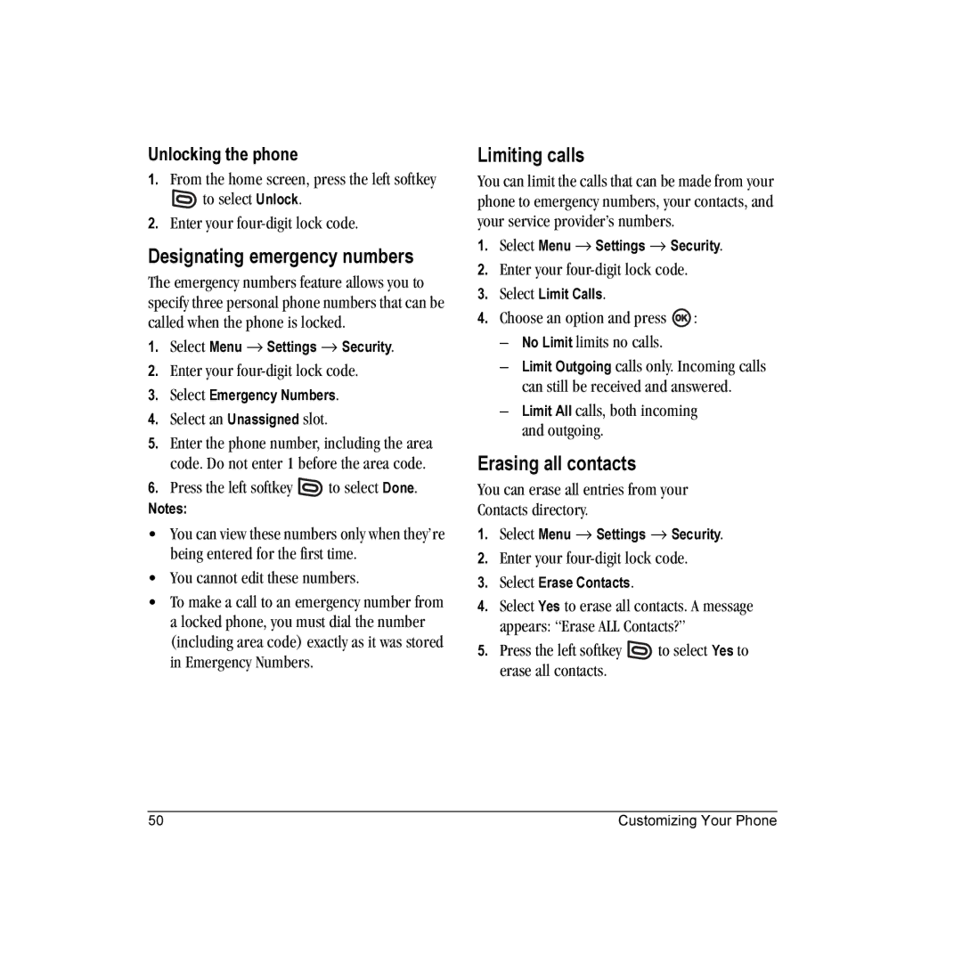 Kyocera KX18 manual Designating emergency numbers, Limiting calls, Erasing all contacts, Unlocking the phone 