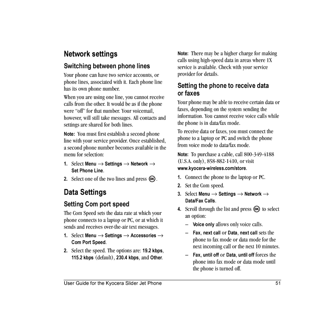 Kyocera KX18 manual Network settings, Data Settings, Switching between phone lines, Setting Com port speed 