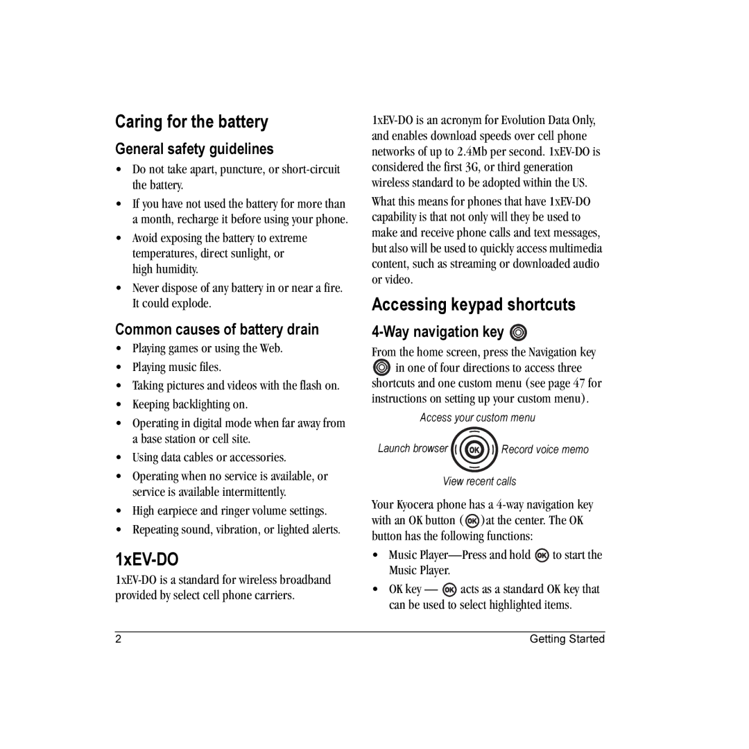 Kyocera KX18 manual Caring for the battery, 1xEV-DO, Accessing keypad shortcuts 