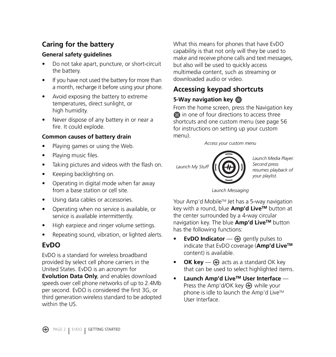 Kyocera KX18 manual Caring for the battery, EvDO, Accessing keypad shortcuts 