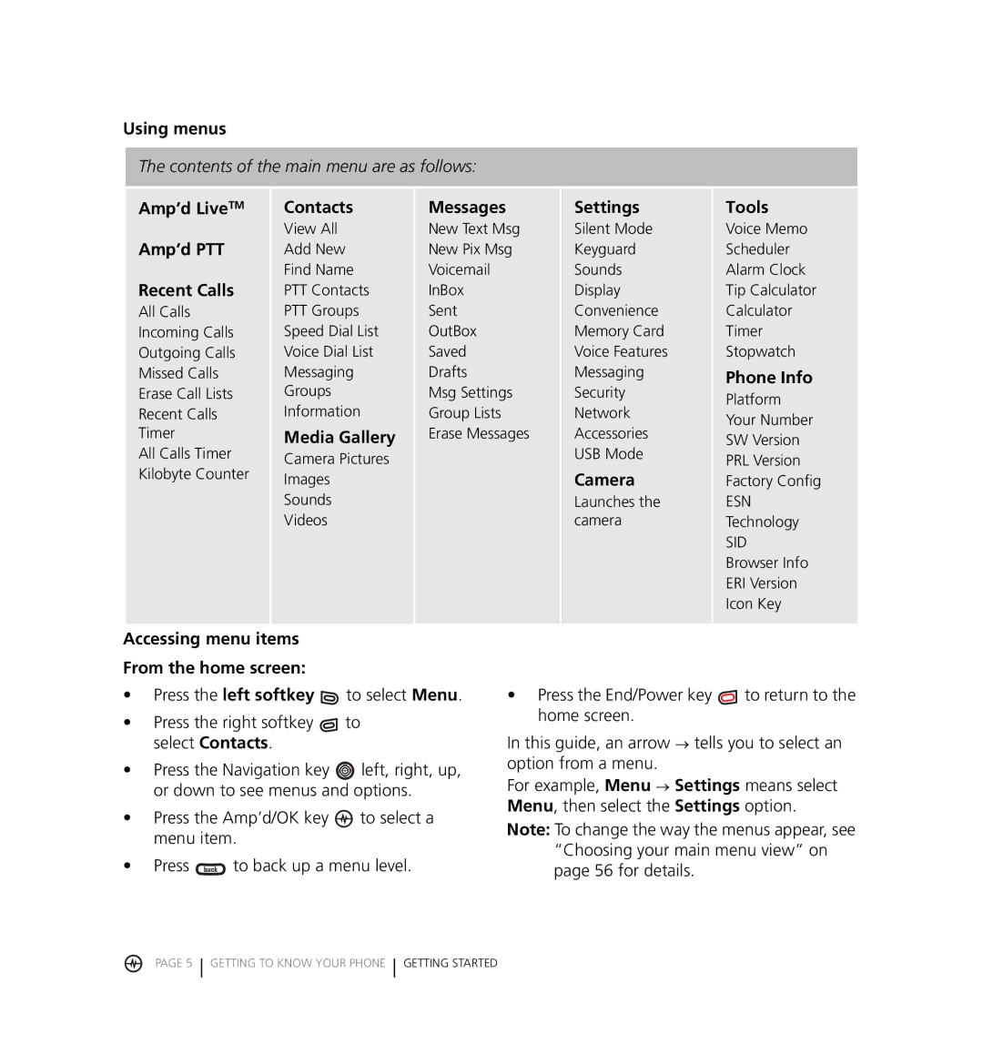 Kyocera KX18 Using menus, Amp’d LiveTM Amp’d PTT Recent Calls, Contacts, Media Gallery, Messages, Settings, Camera, Tools 