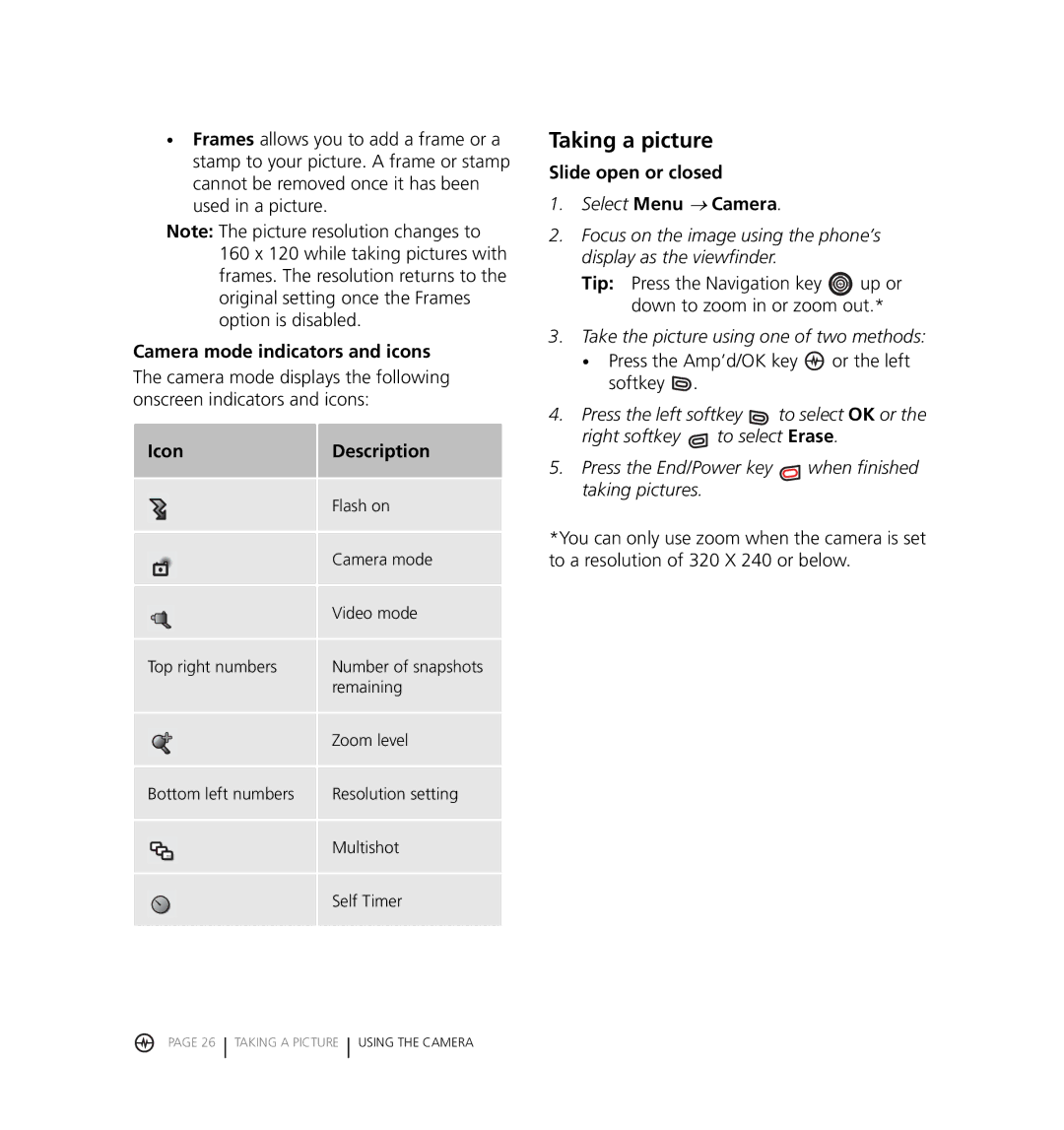 Kyocera KX18 manual Taking a picture, Camera mode indicators and icons, Icon Description 