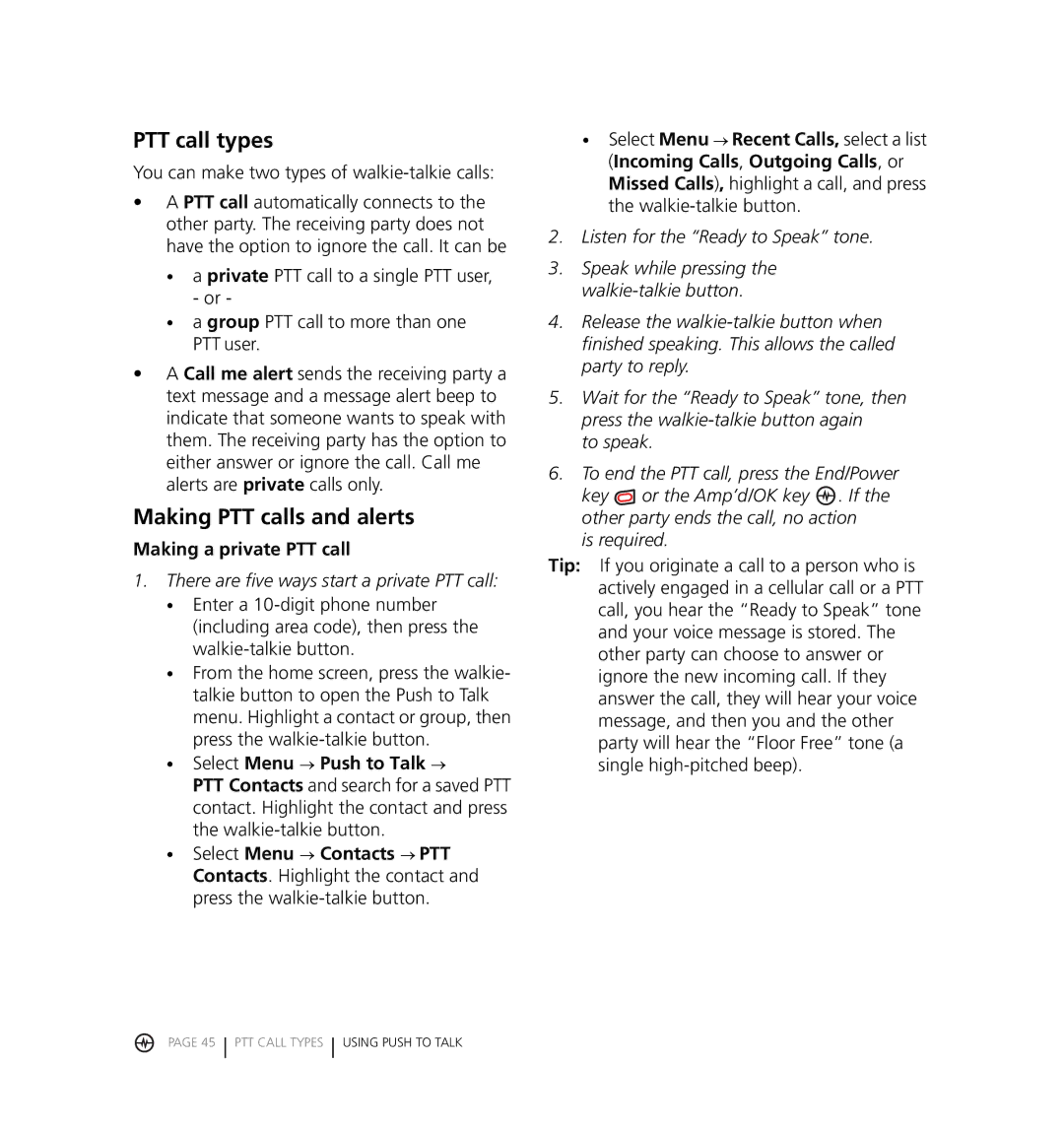 Kyocera KX18 manual PTT call types, Making PTT calls and alerts, Making a private PTT call, Select Menu → Push to Talk → 