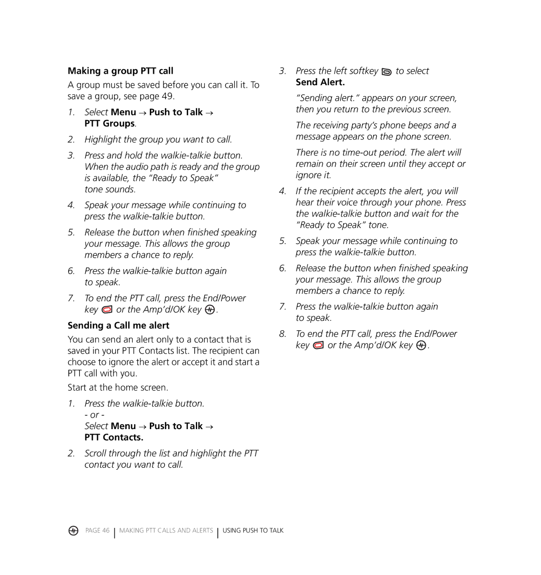 Kyocera KX18 manual Making a group PTT call, Select Menu → Push to Talk → PTT Groups, Sending a Call me alert, Send Alert 