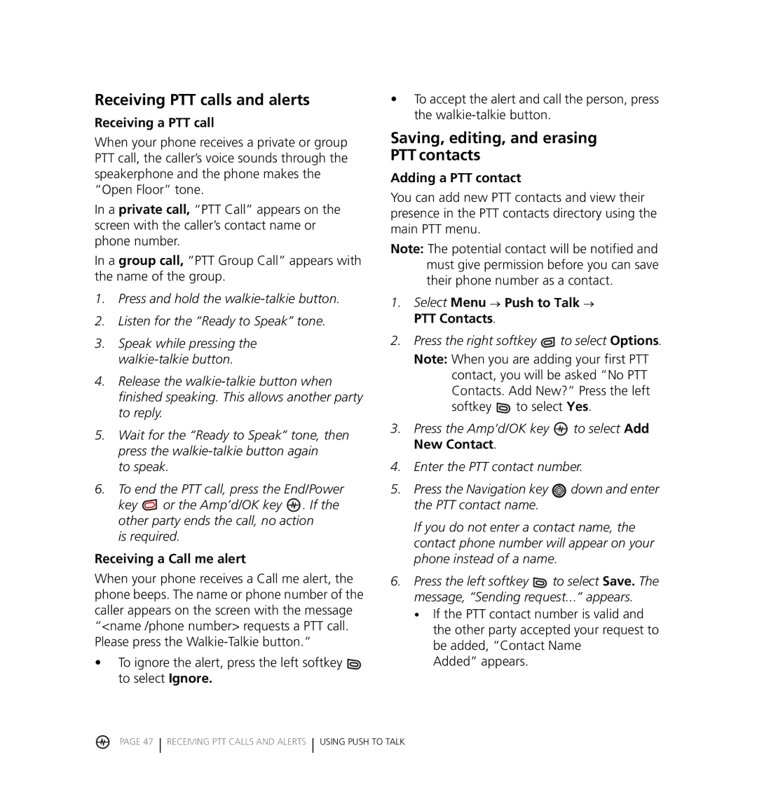 Kyocera KX18 manual Receiving PTT calls and alerts, Saving, editing, and erasing PTT contacts, Receiving a PTT call 