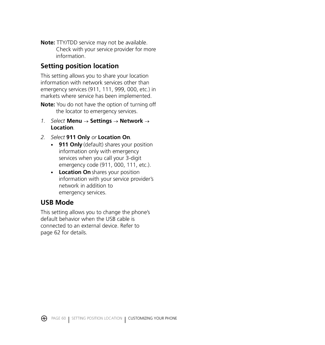 Kyocera KX18 manual Setting position location, USB Mode 