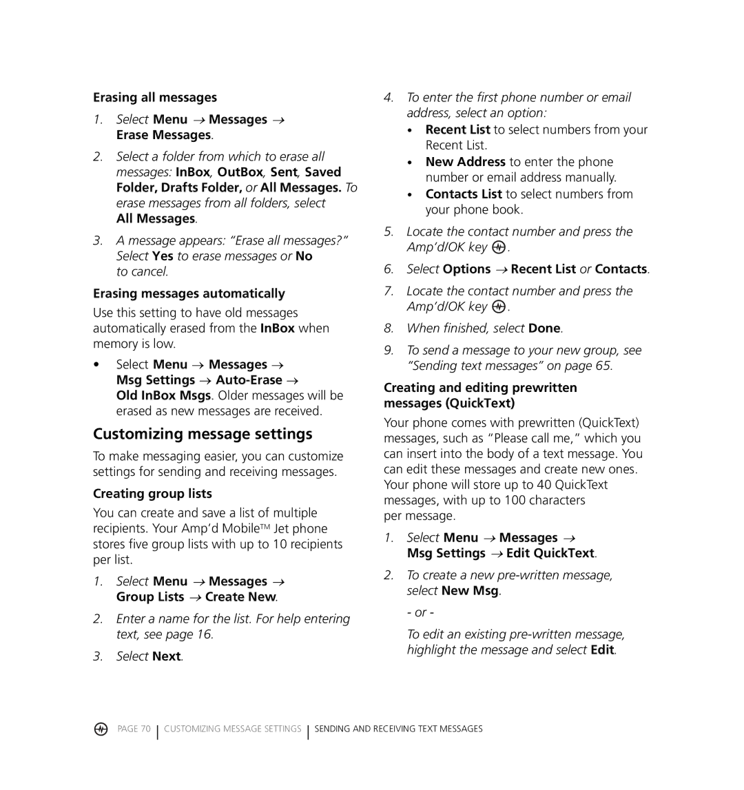 Kyocera KX18 manual Customizing message settings 