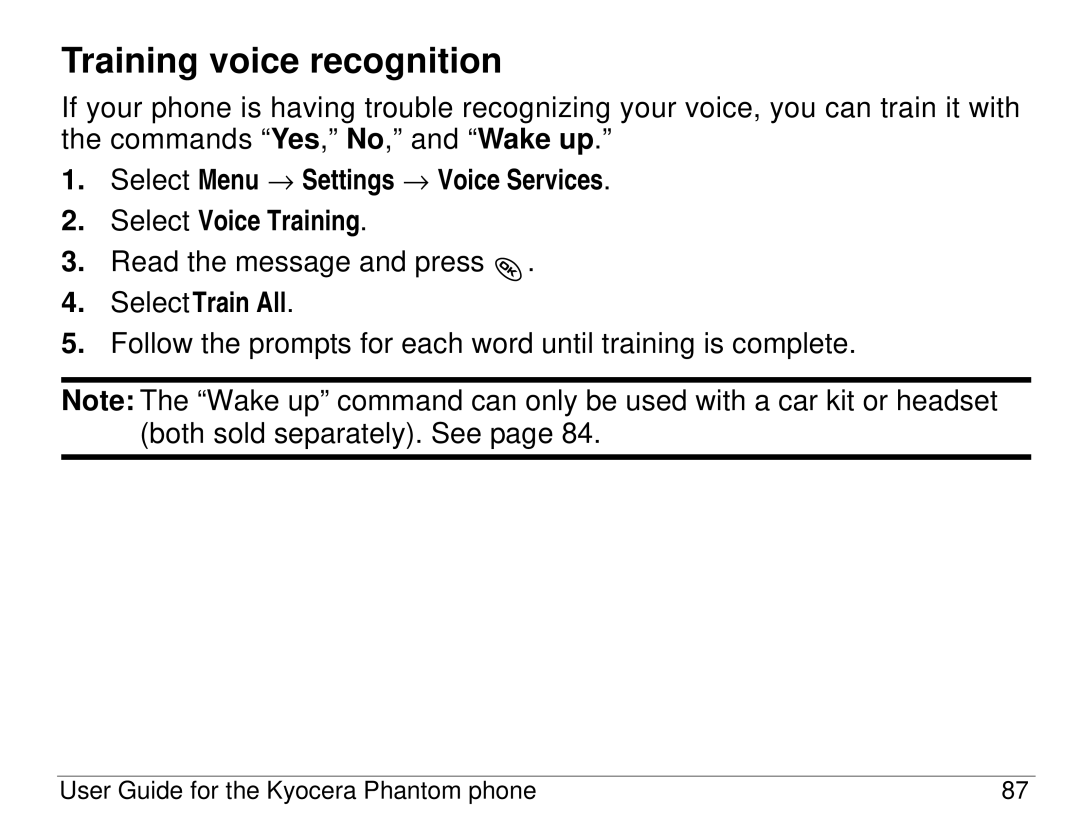 Kyocera KX414 manual Training voice recognition, SelectTrain All 