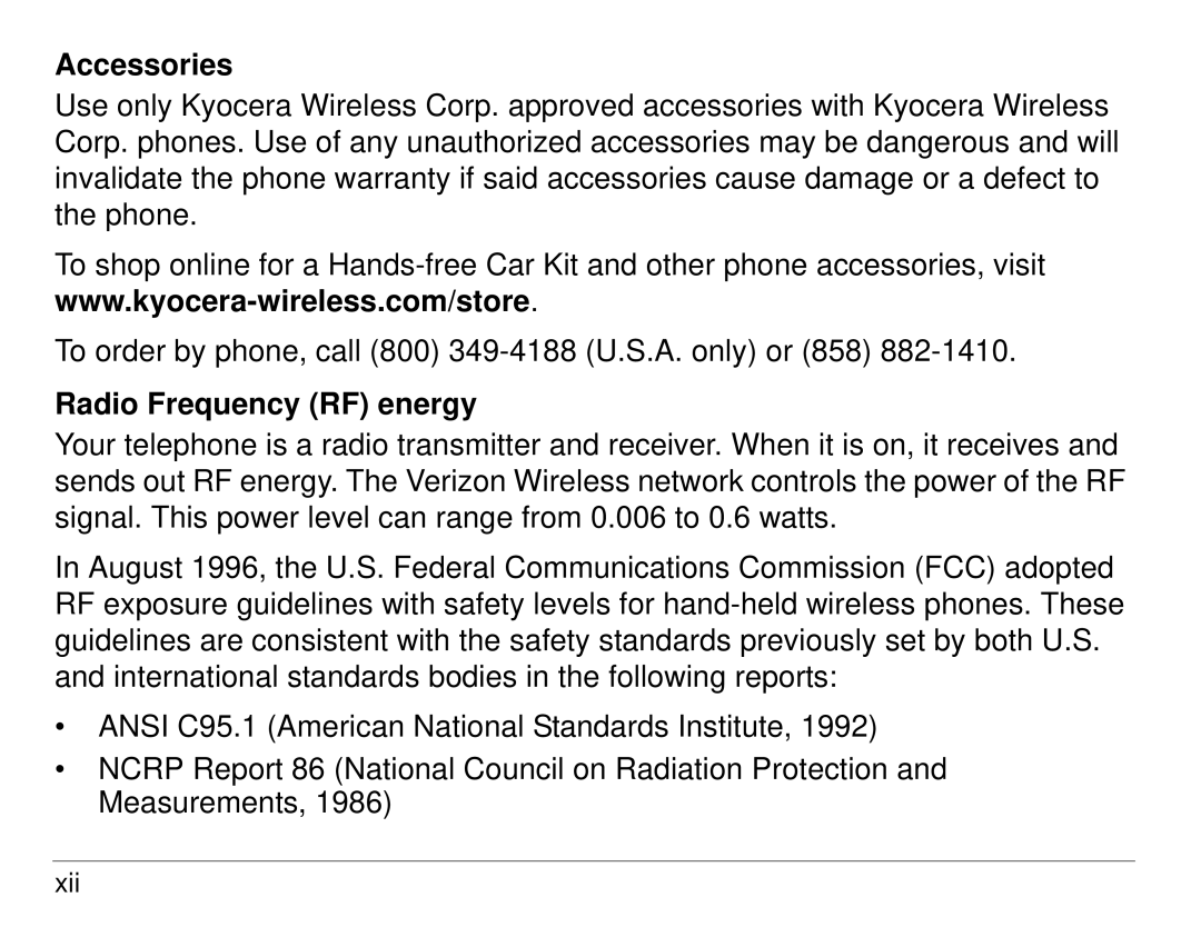 Kyocera KX414 manual Accessories, Radio Frequency RF energy 