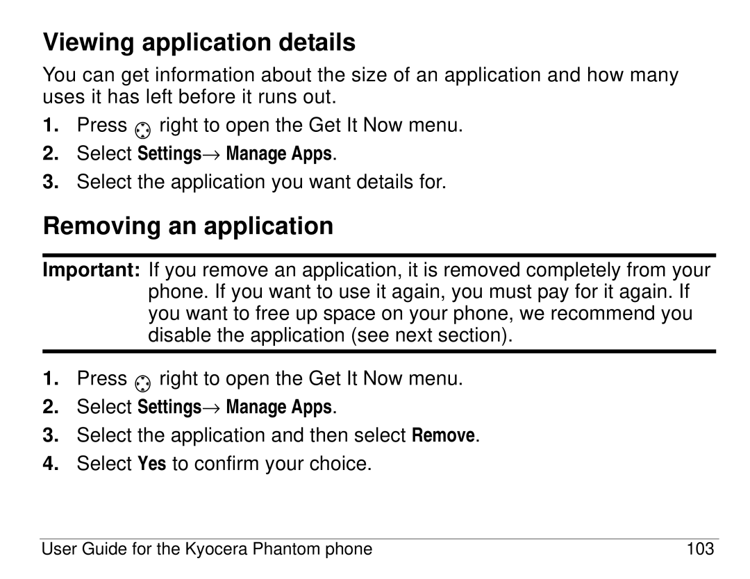 Kyocera KX414 manual Viewing application details, Removing an application, Select Settings→ Manage Apps 