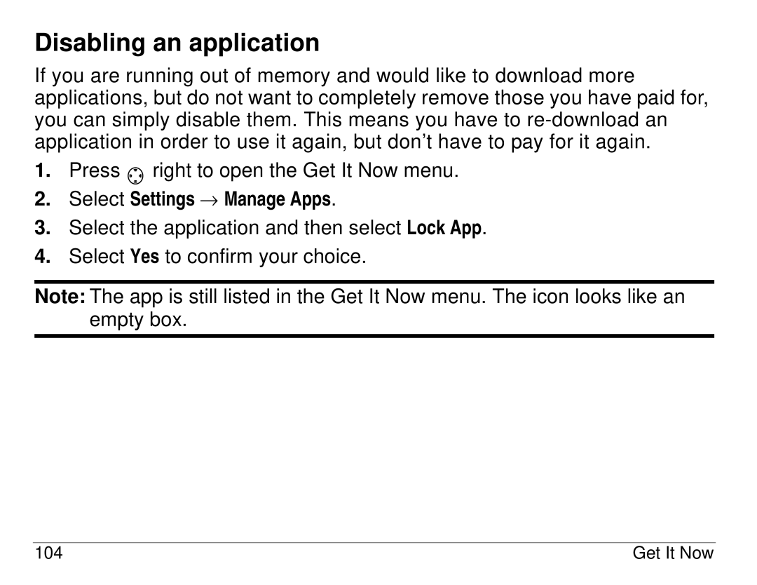 Kyocera KX414 manual Disabling an application, Select Settings → Manage Apps 