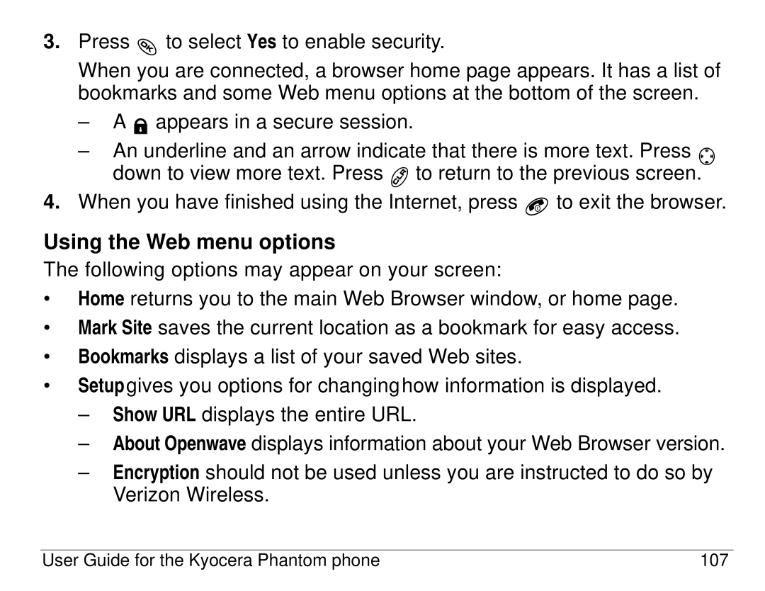 Kyocera KX414 manual Using the Web menu options 