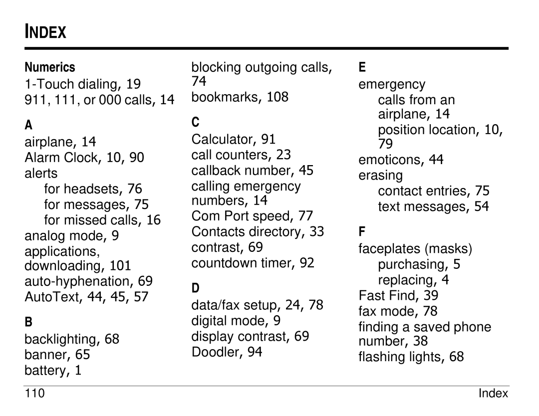 Kyocera KX414 manual Index, Numerics 