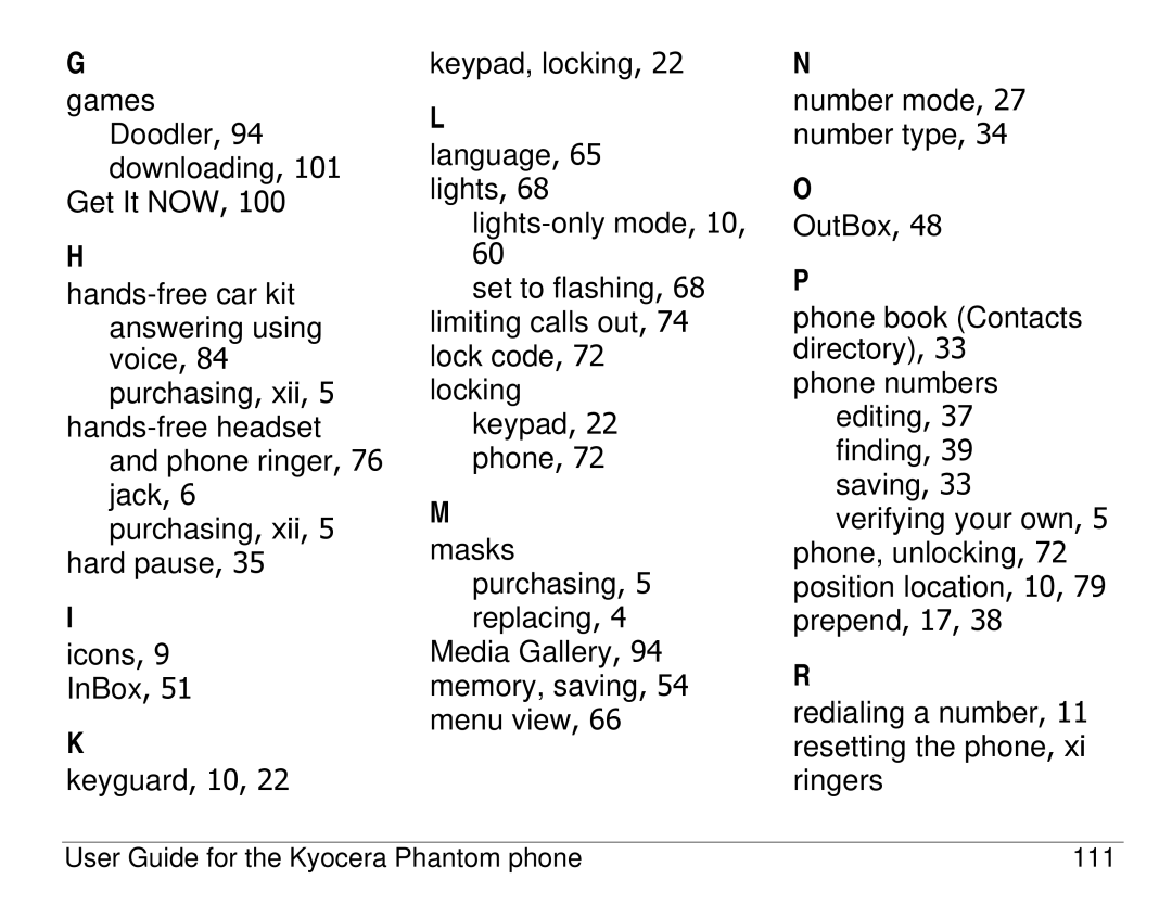 Kyocera KX414 manual User Guide for the Kyocera Phantom phone 111 