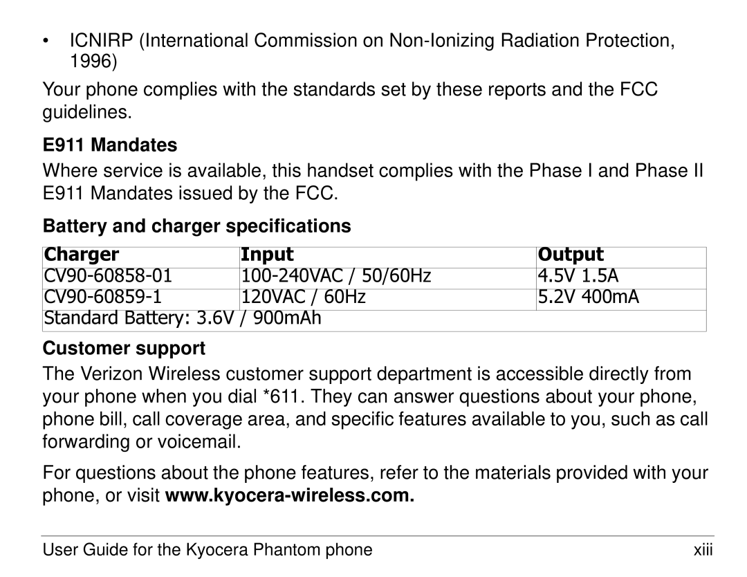 Kyocera KX414 manual E911 Mandates, Battery and charger specifications, Customer support 