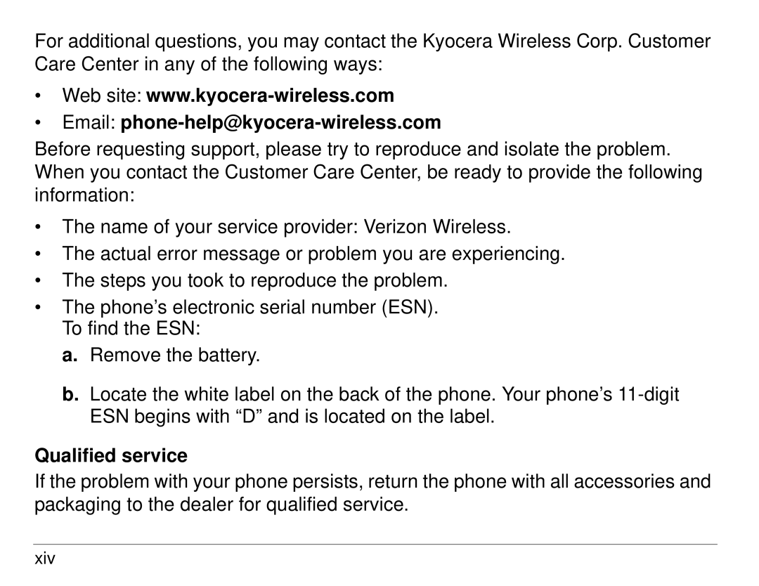 Kyocera KX414 manual Email phone-help@kyocera-wireless.com, Qualified service 