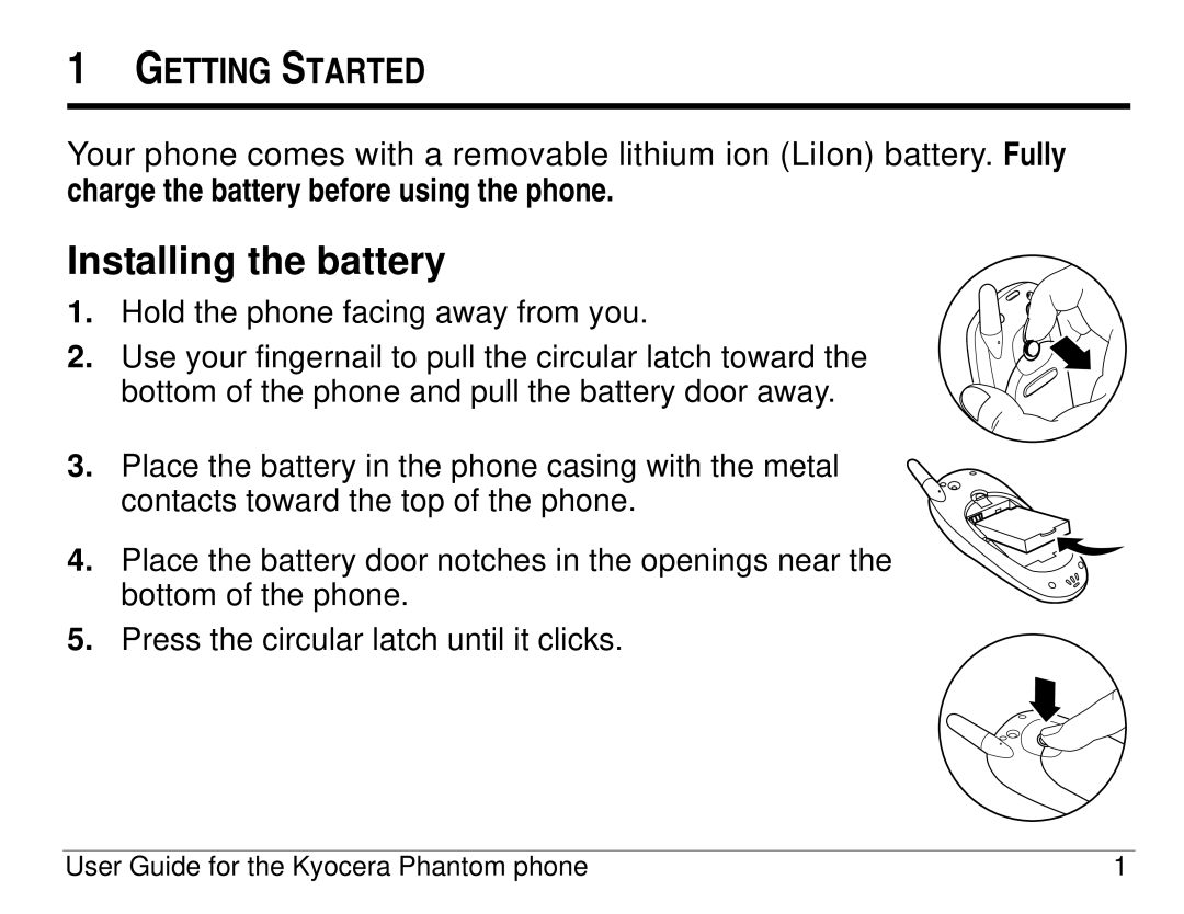 Kyocera KX414 manual Installing the battery, Charge the battery before using the phone 