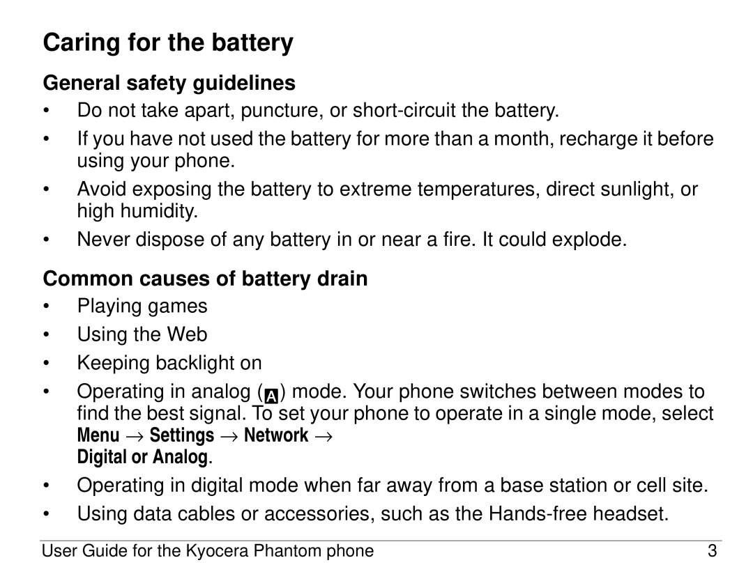 Kyocera KX414 manual Caring for the battery, General safety guidelines, Common causes of battery drain, Digital or Analog 