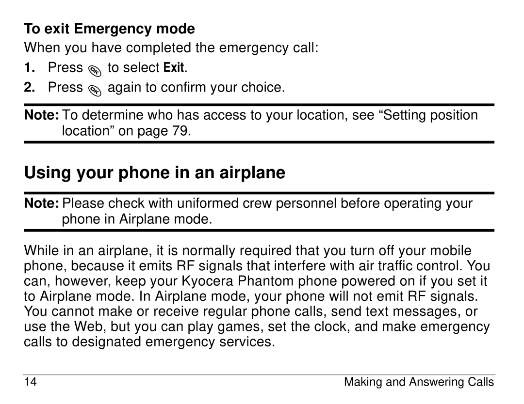 Kyocera KX414 manual Using your phone in an airplane, To exit Emergency mode 