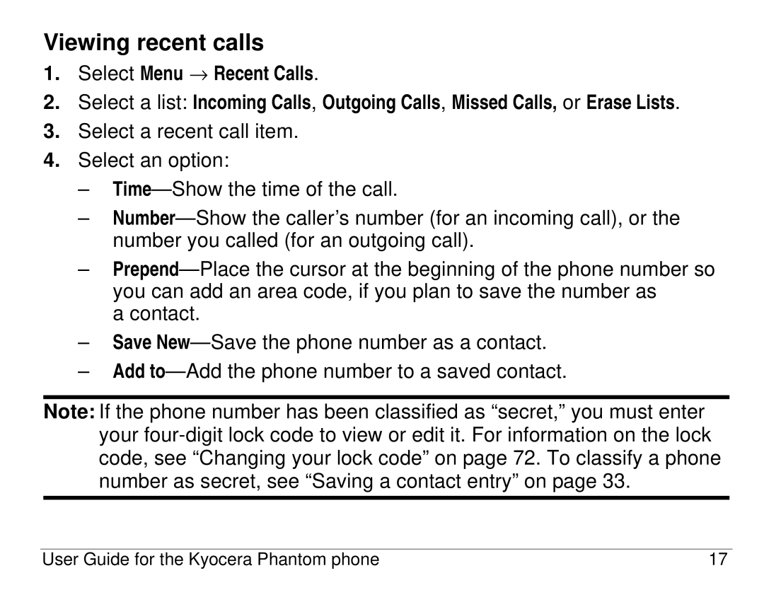 Kyocera KX414 manual Viewing recent calls, Select Menu → Recent Calls 