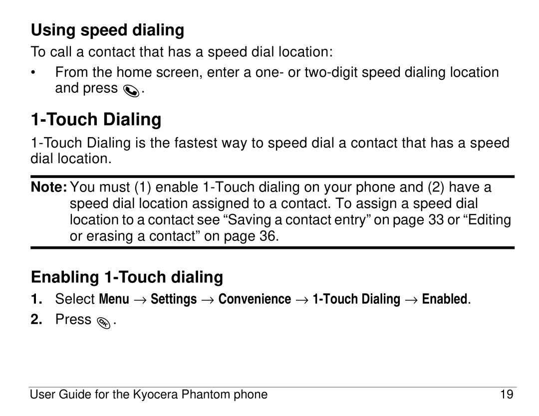 Kyocera KX414 manual Touch Dialing, Using speed dialing, Enabling 1-Touch dialing 