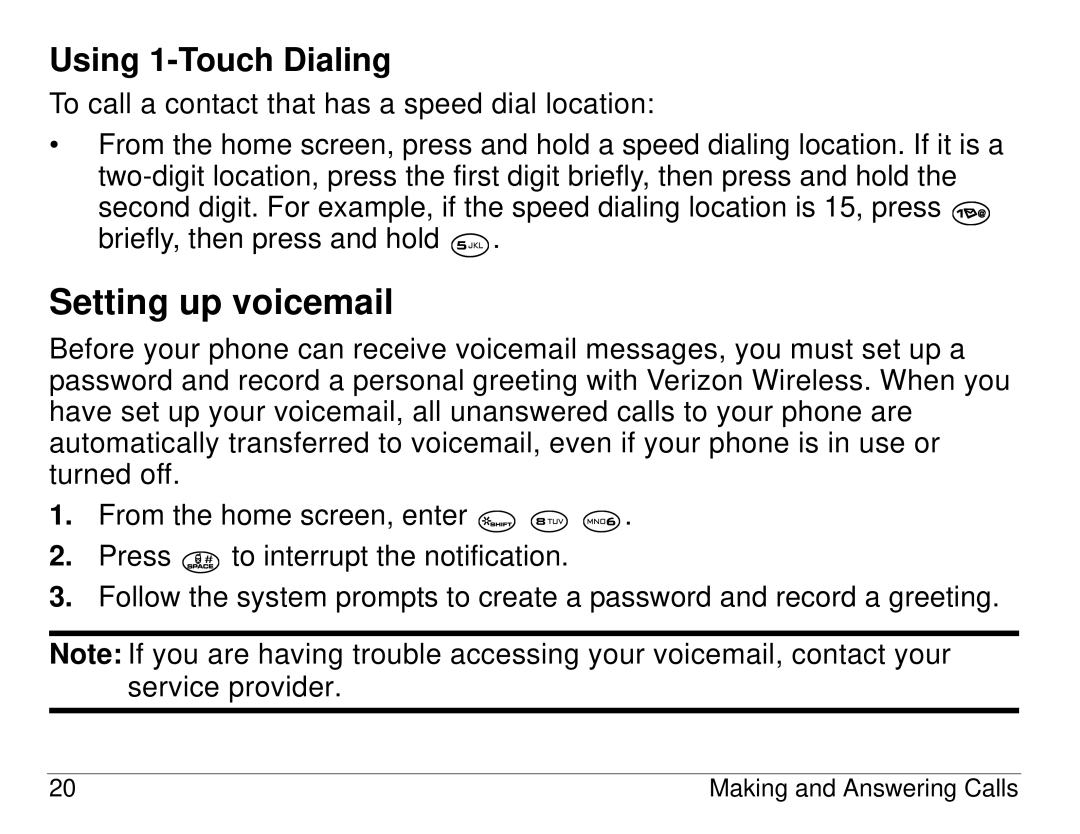 Kyocera KX414 manual Setting up voicemail, Using 1-Touch Dialing 