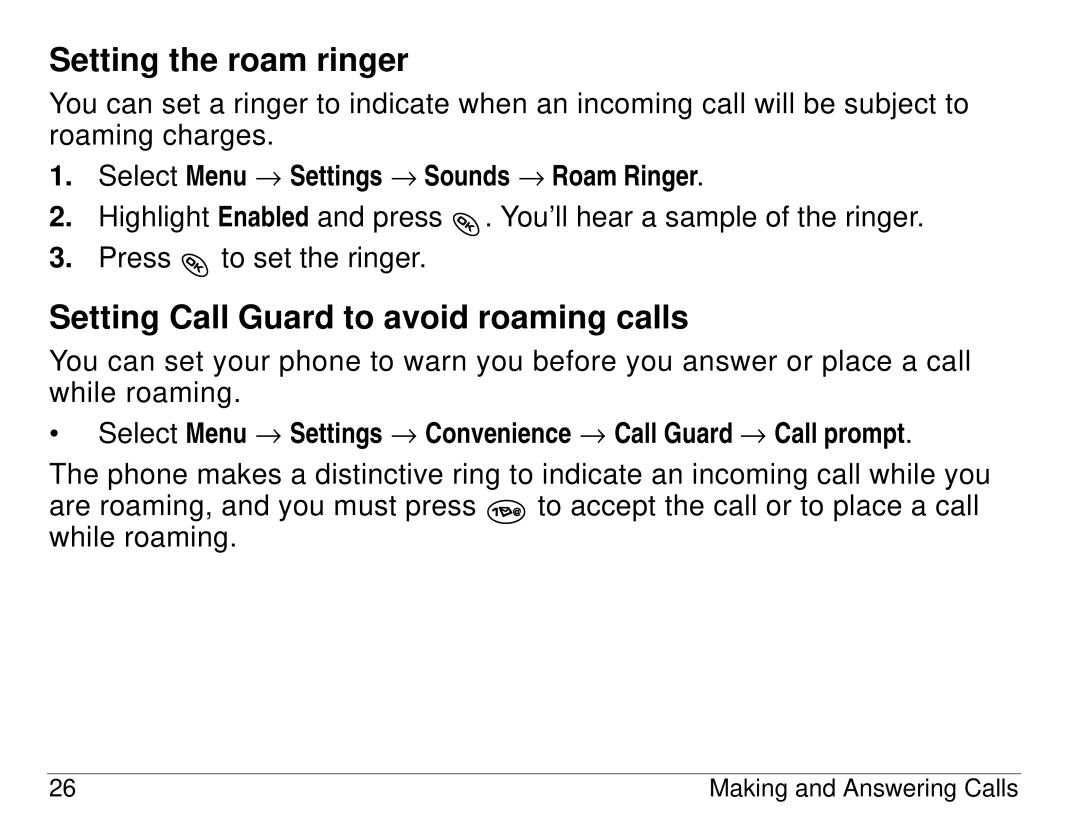 Kyocera KX414 manual Setting the roam ringer, Setting Call Guard to avoid roaming calls 