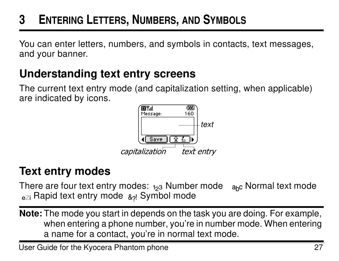 Kyocera KX414 manual Understanding text entry screens, Text entry modes 