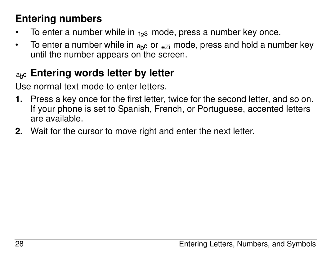 Kyocera KX414 manual Entering numbers, Entering words letter by letter 