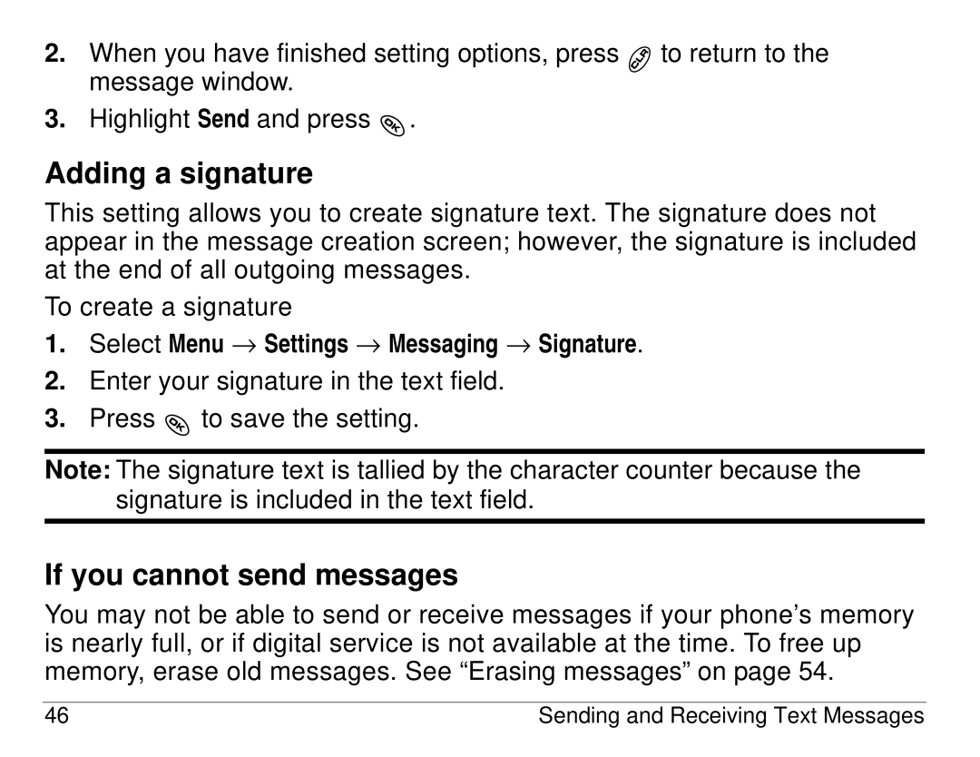 Kyocera KX414 manual Adding a signature, If you cannot send messages, Select Menu → Settings → Messaging → Signature 