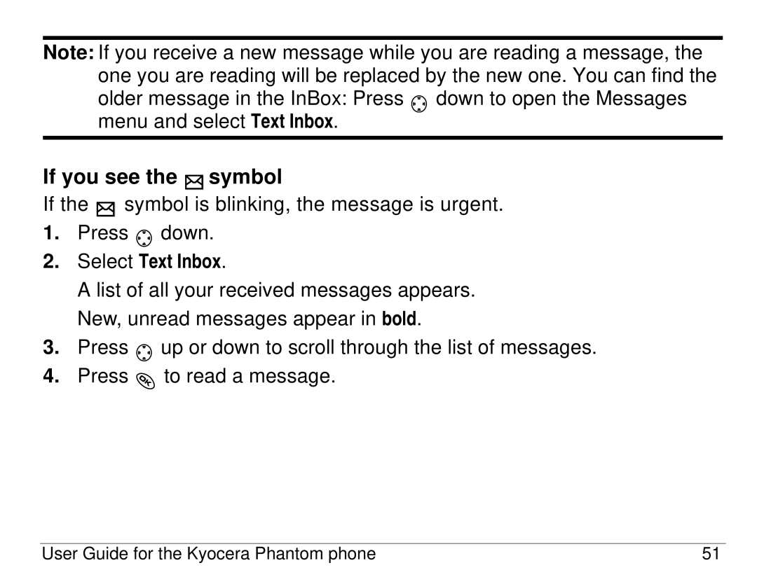 Kyocera KX414 manual If you see the symbol, Select Text Inbox 