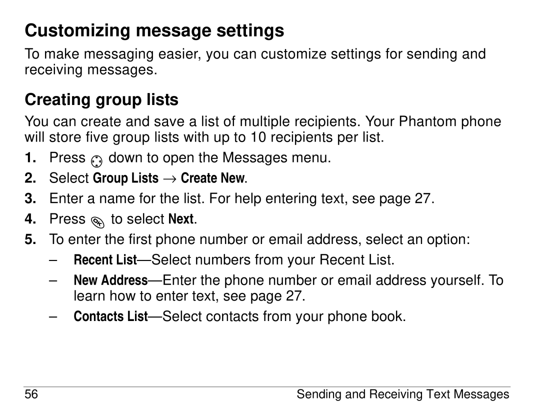 Kyocera KX414 manual Customizing message settings, Creating group lists, Select Group Lists → Create New 