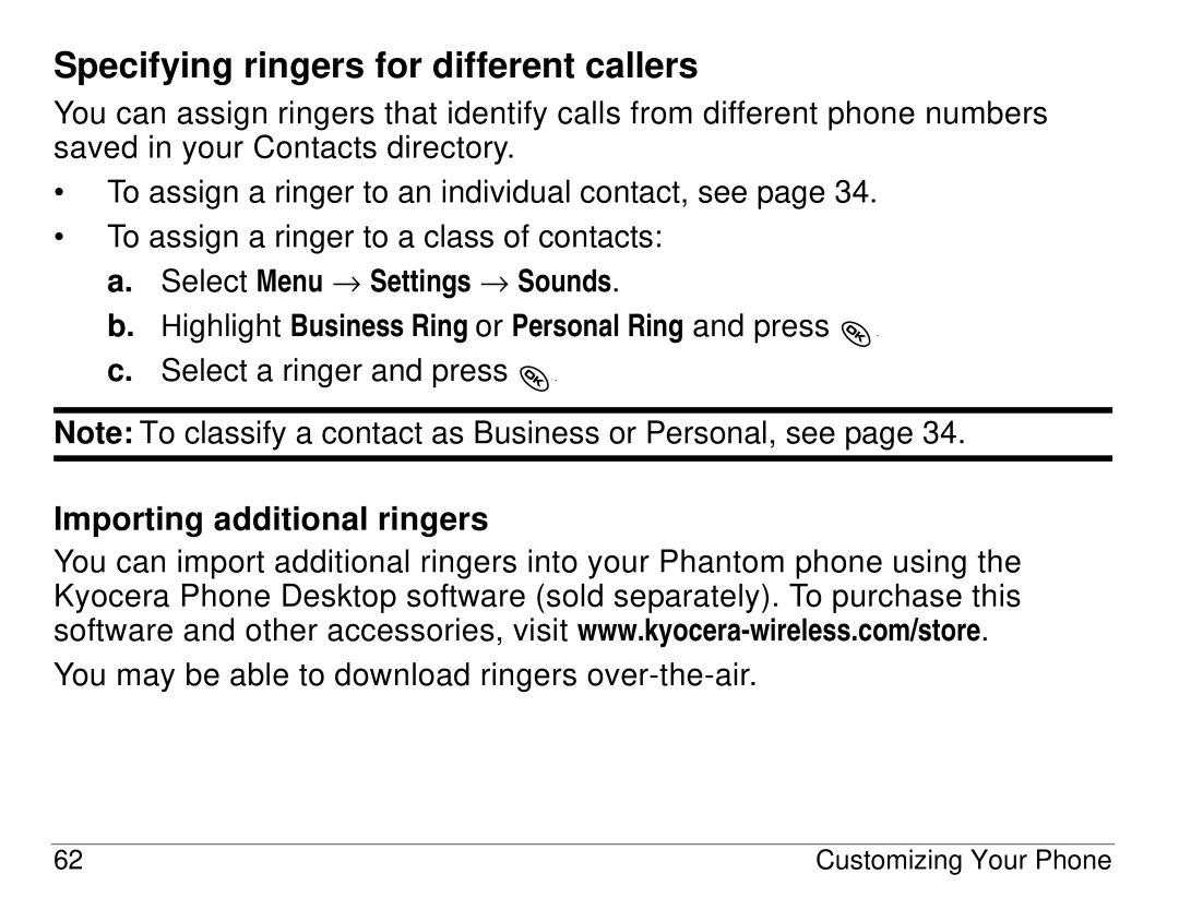 Kyocera KX414 manual Specifying ringers for different callers, Importing additional ringers 