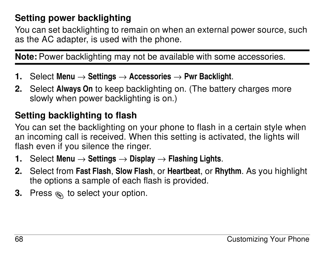 Kyocera KX414 manual Setting power backlighting, Setting backlighting to flash 