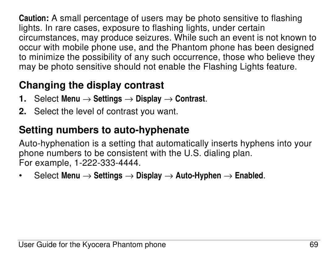 Kyocera KX414 manual Changing the display contrast, Setting numbers to auto-hyphenate 