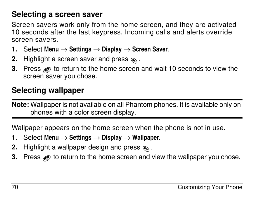 Kyocera KX414 manual Selecting a screen saver, Selecting wallpaper, Select Menu → Settings → Display → Screen Saver 