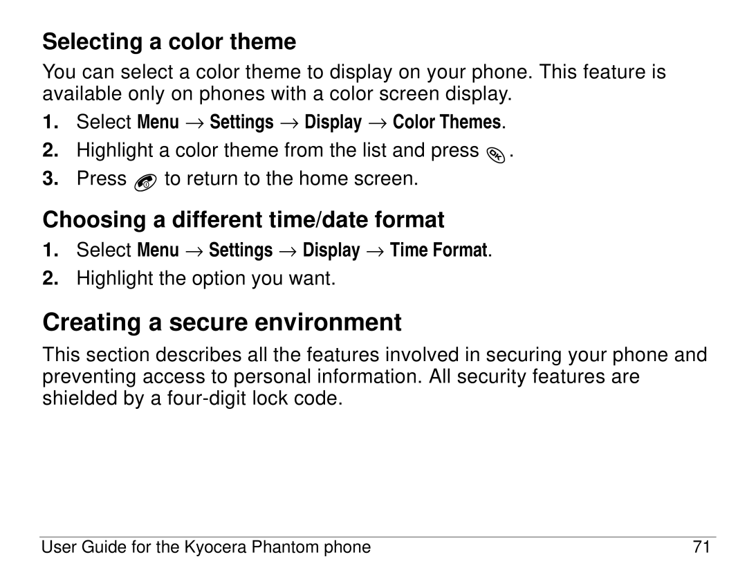 Kyocera KX414 manual Creating a secure environment, Selecting a color theme, Choosing a different time/date format 