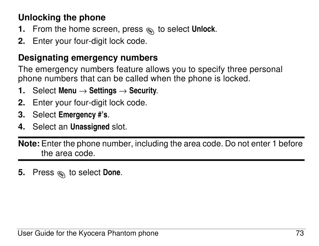 Kyocera KX414 manual Unlocking the phone, Designating emergency numbers, Select Emergency #’s 