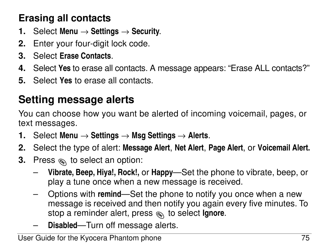 Kyocera KX414 manual Setting message alerts, Erasing all contacts, Select Erase Contacts 