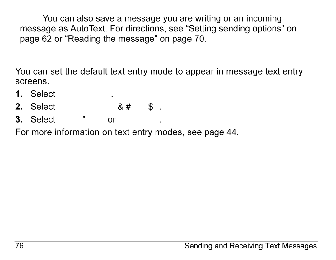 Kyocera KX440 Series manual Switching default text entry mode 