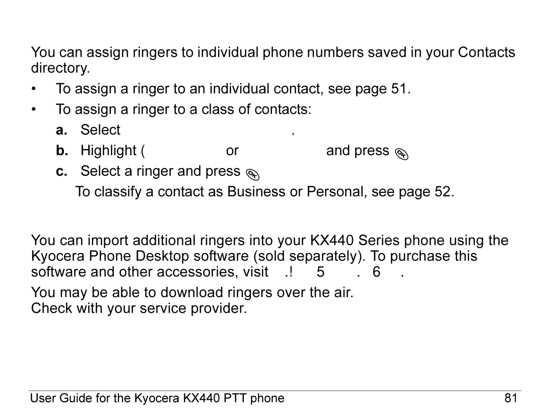 Kyocera KX440 Series manual Specifying ringers for different callers, Importing additional ringers 