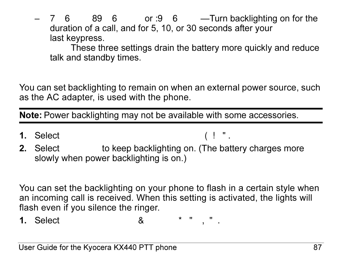 Kyocera KX440 Series manual Setting power backlighting, Setting backlighting to flash 