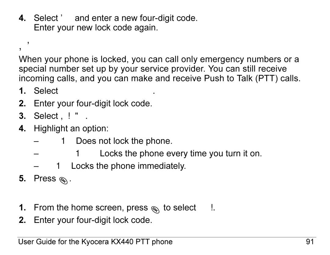 Kyocera KX440 Series manual Locking your phone, Unlocking the phone 